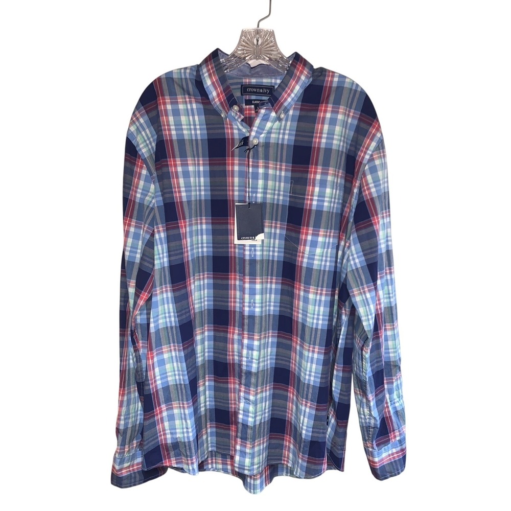 NWT. Crown & Ivy Button Down Plaid Shirt Classic Fit Men Large Blue Plaid - Picture 1 of 4
